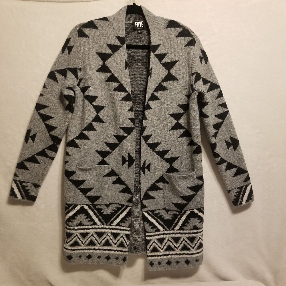 Frye Small Cardigan Sweater Gray Black Pockets Southwestern Aztec Western Ranch
